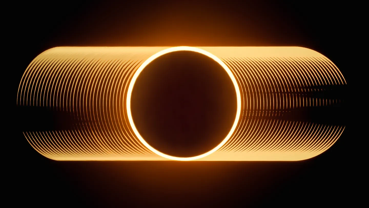 Image showing the Moon in front of the Sun with a 'halo' or ring of gold around the black circle of the Moon, and on the left and right had sides are small sections of the Sun showing the progress of the eclipse and 'baily's beads', shadows of the Moon's craters on the Sun