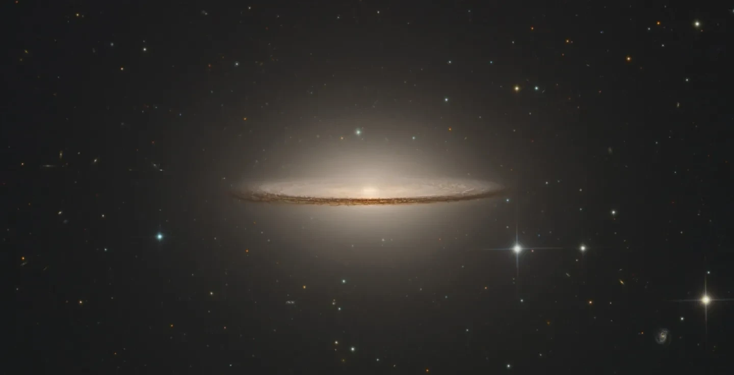Image of a round galaxy from the side, so that it resembles a very flat disc of gas and dust, in light browns and darker browns. At the centre is a bright yellow orb. It slightly resembles a sombrero which is why it is called the Sombrero Galaxy. Behind in the sky are many stars, with some standing out with points of light spiking off of them. 