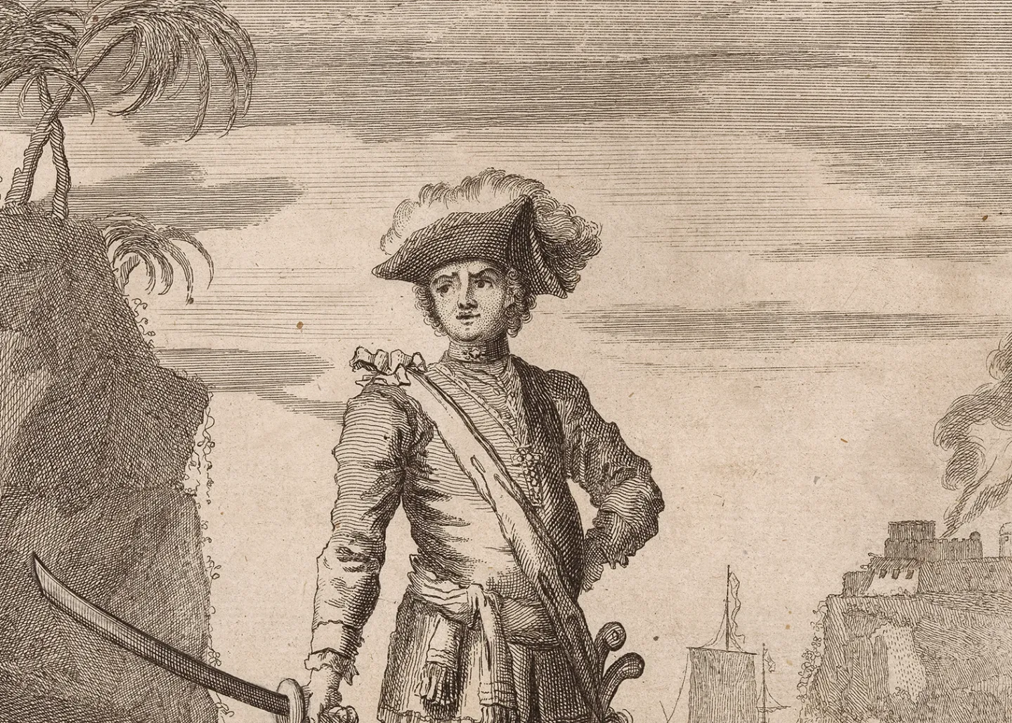 Historic illustration of the pirate Bartholomew Roberts. He is standing dramatically at the shoreline, holding a sword in his right hand and wearing a tricorn captain's hat