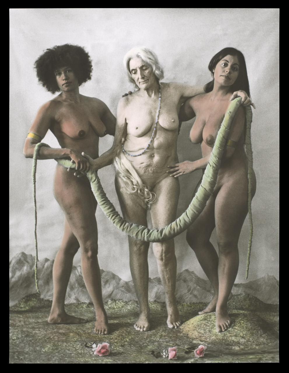 Three naked women support each other as an allegory of the relationship between Europe, Africa and North and South America