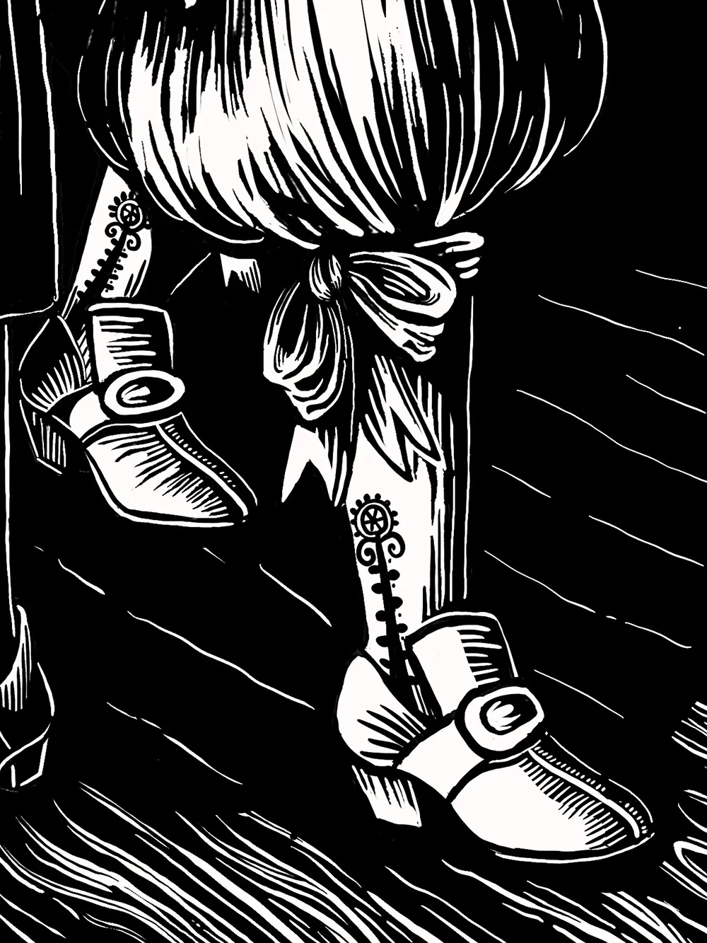 A woodcut style illustration of stockings decorated with a flower worn above heeled shoes
