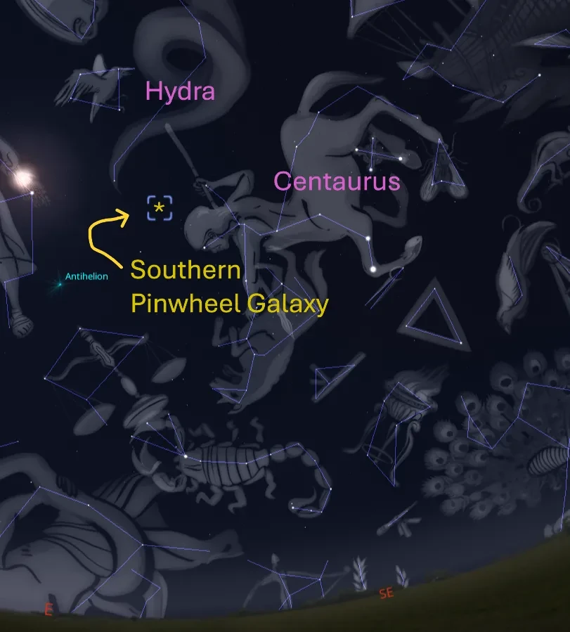 Stellarium screenshot showing Southern Pinwheel Galaxy