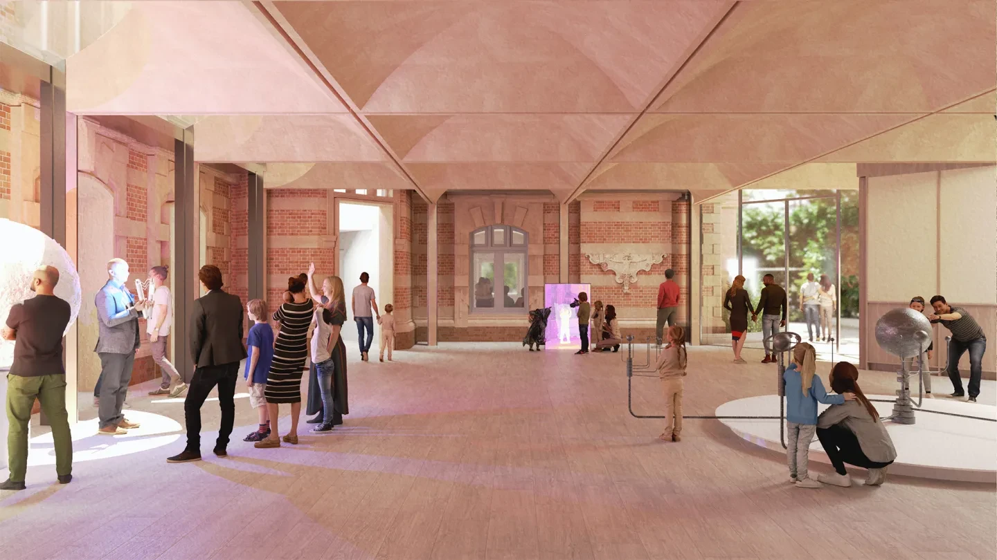 Artist impression showing the 'Astronomers Court', a proposed new learning and event space at Royal Observatory Greenwich