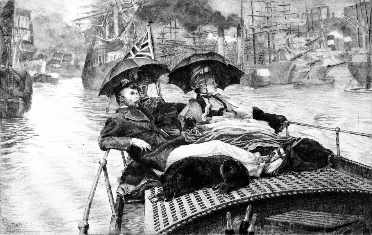 A man enjoys a pleasure trip down the Thames accompanied by two women.