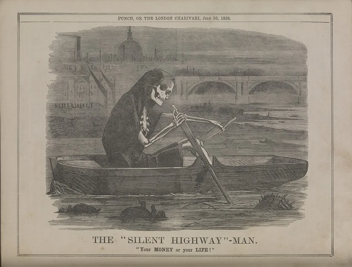 Image from Punch depicting a skeleton in a rowing boat on the Thames with the caption the silent highway man.