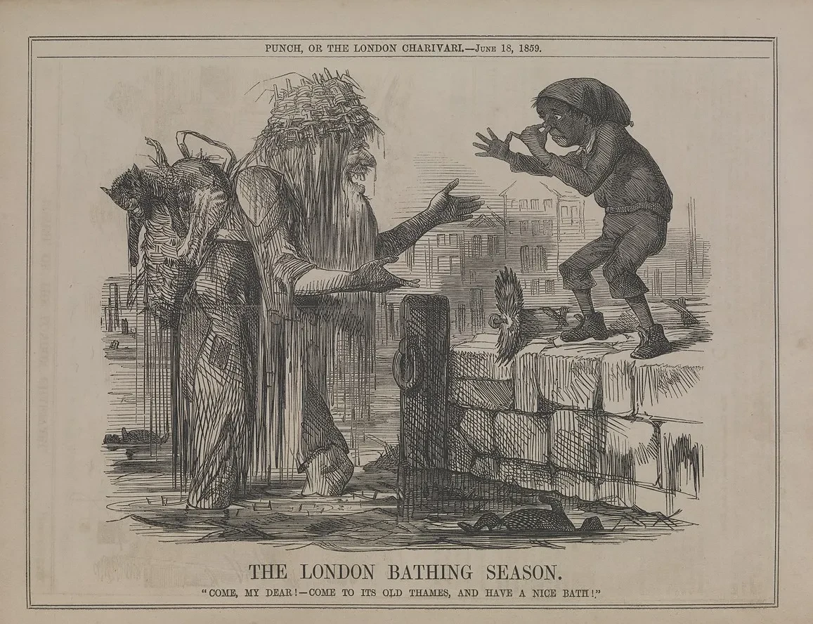 London bathing season - the figure of Father Thames attempts to cox a child into the horrid smelling river.