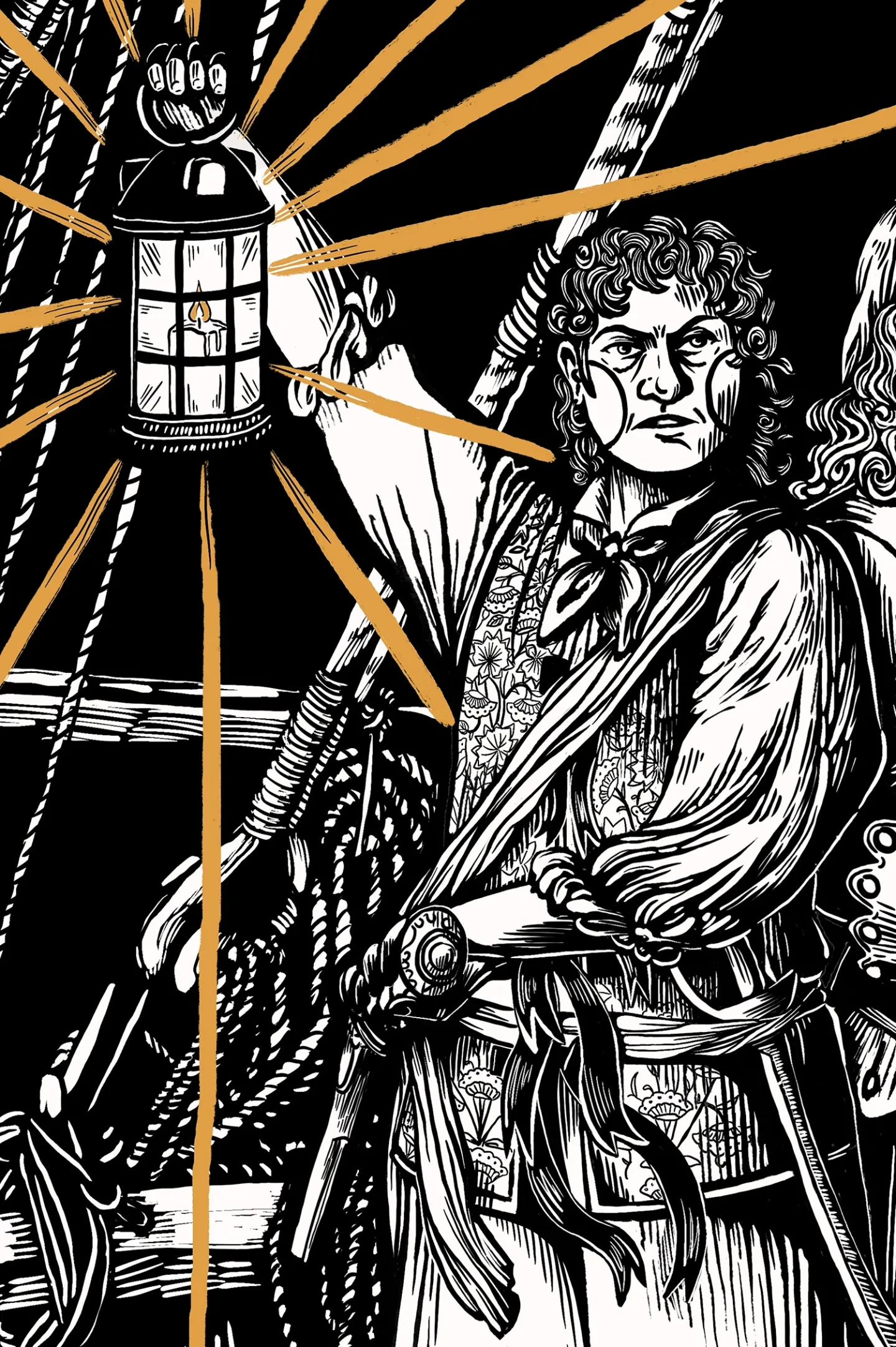 Black and white woodcut style of Mary Read holding a lantern and wearing a waistcoat adorned with ribbons