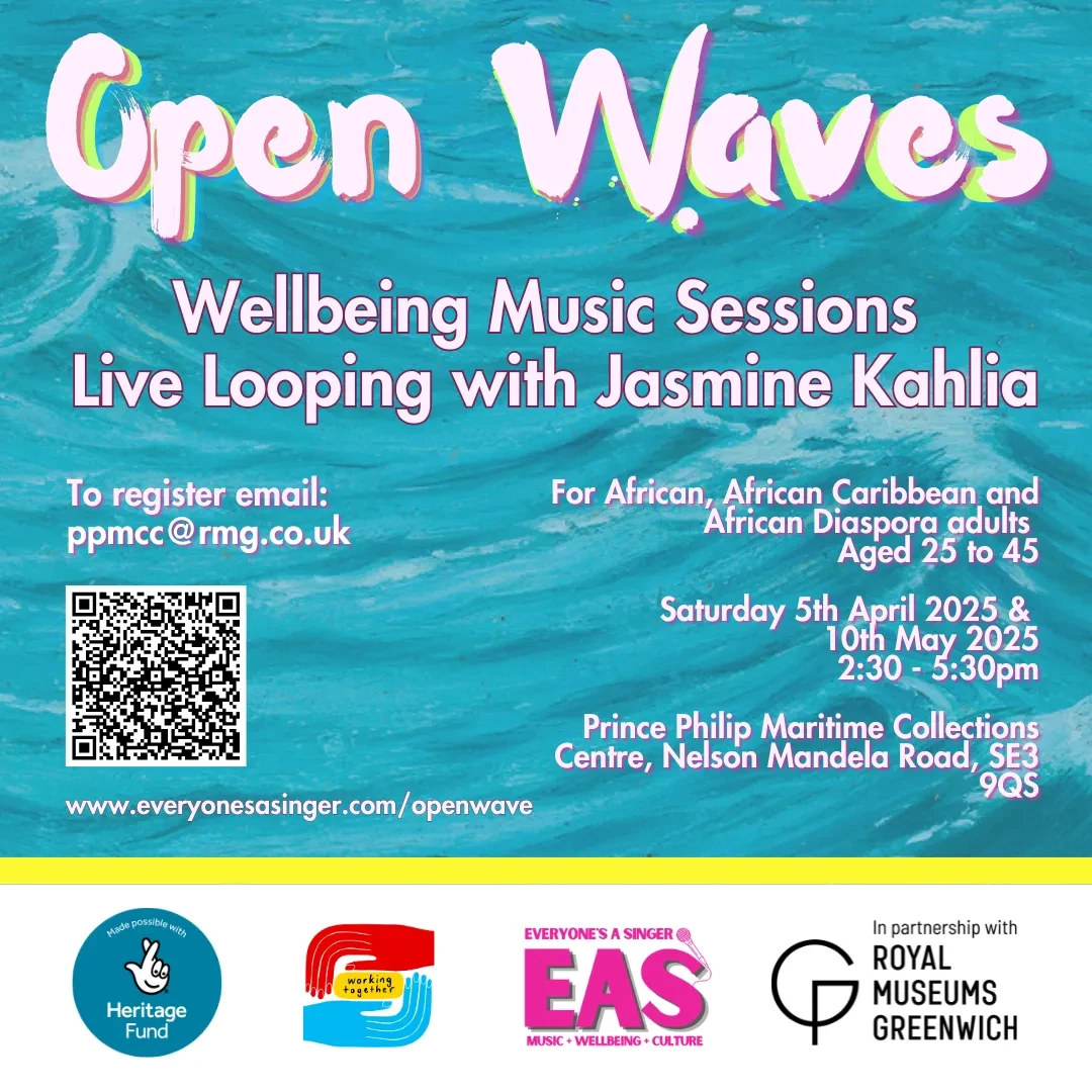 flyer that reads Open Waves- Wellbeing Music Session , Live Looping with with Jasmine Kahlia