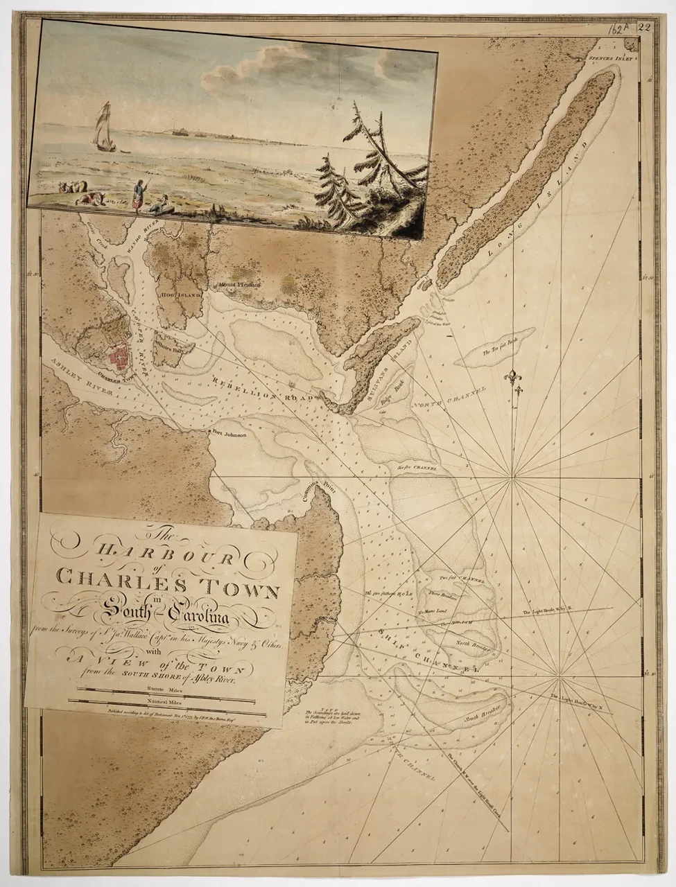 Old map in light brown showing the harbour of 'Charles Town' with the sea to the right