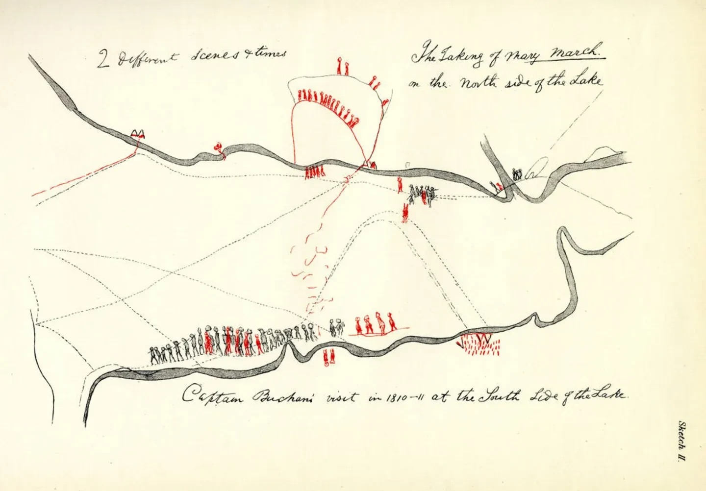 Hand drawn map, with a hand-written caption in the top right indicating that it depicts the 'Taking of Mary March on the North Side of the Lake'