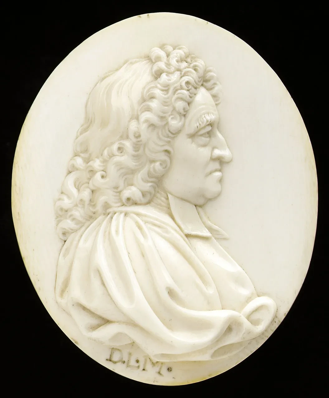 oval profile portrait medallion, in low-relief, head-and-shoulders bust length, showing John Flamsteed in periwig, bands and clerical robes