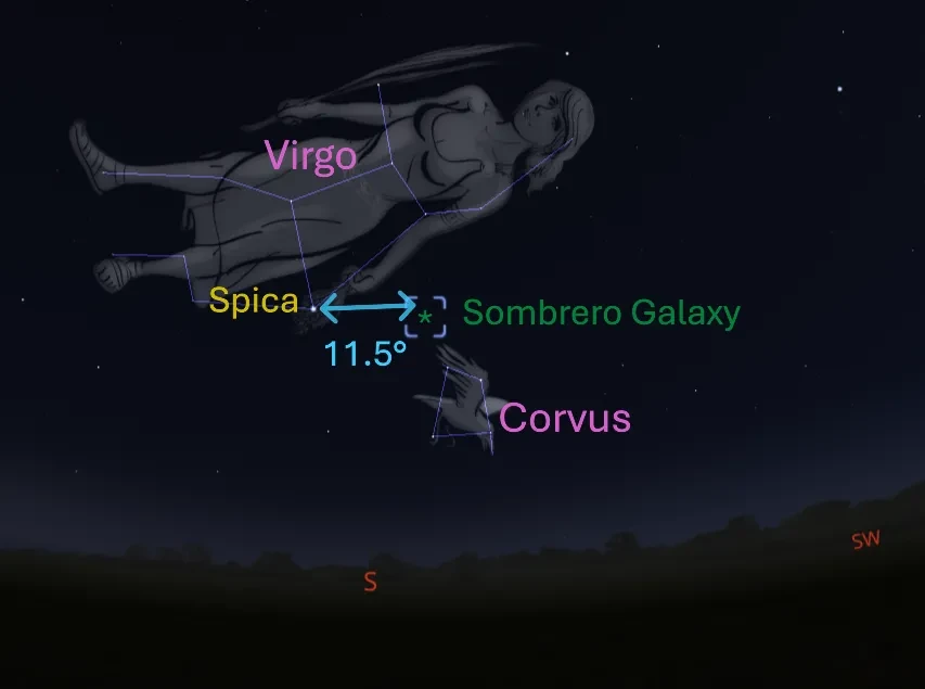 Stellarium screenshot showing how to find M104