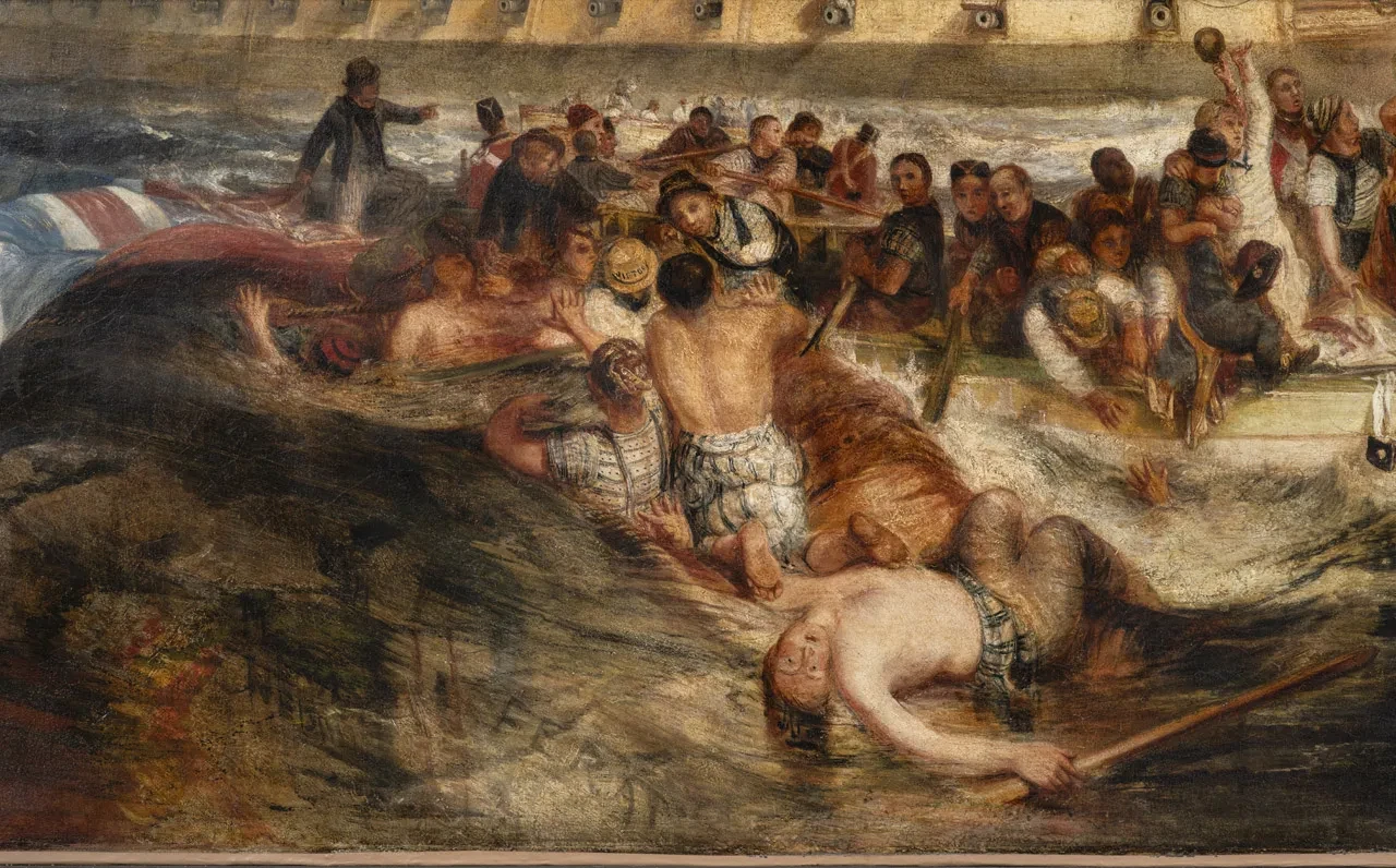 Detail of The Battle of Trafalgar painting by Turner, showing a sailor caught in spars and rigging in the waves, while others scramble to find safety in small boats