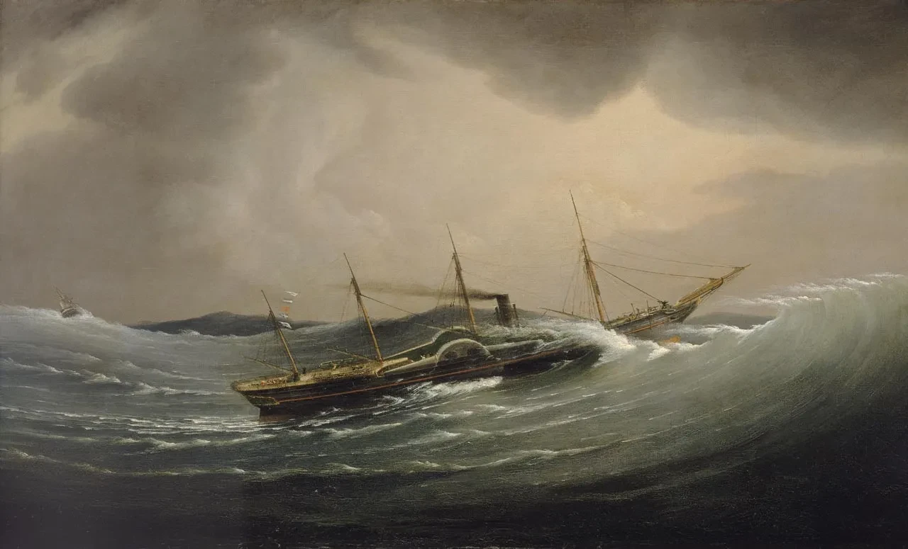 A painting of the steamship Great Western cresting a wave