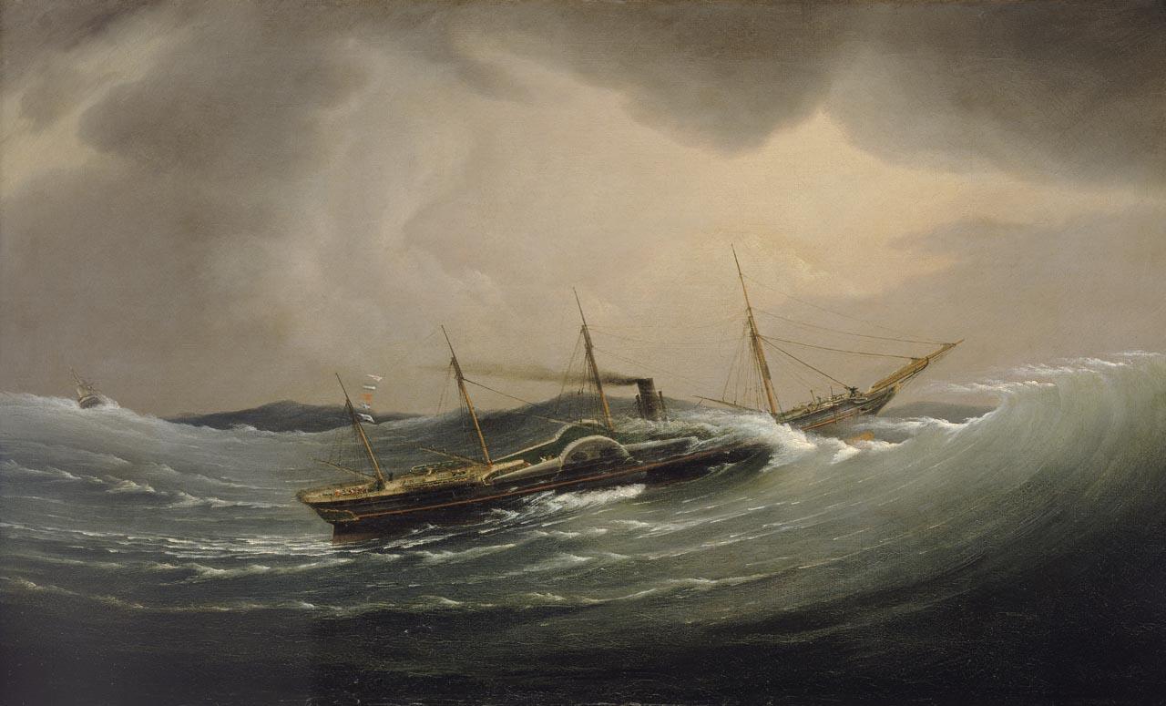 A painting of the steamship Great Western cresting a wave