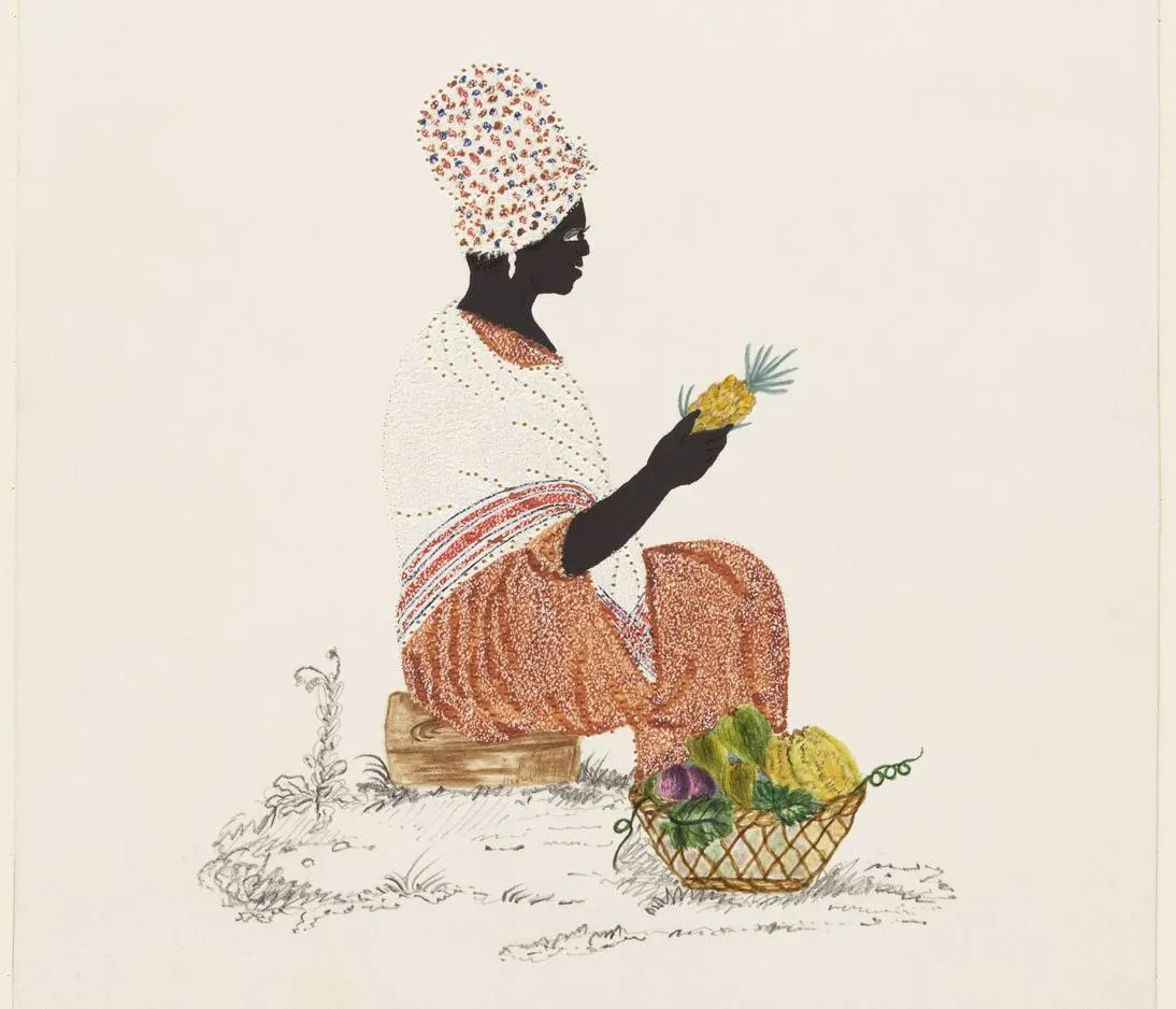 An image showing a market woman holding and selling a pineapple. She is next to a basket full of other fruits.