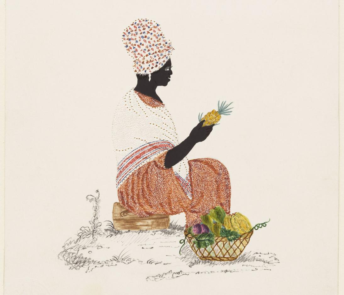 An image showing a market woman holding and selling a pineapple. She is next to a basket full of other fruits.