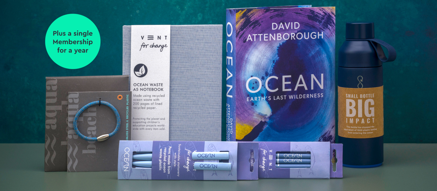 A collection of gifts including a book, water bottle, grey notebook and pens