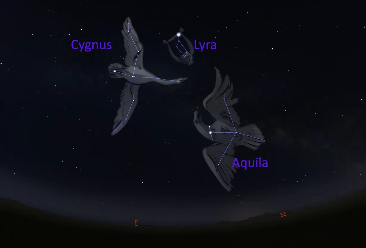 Stellarium screenshot showing the Cygnus, Lyra and Aquila