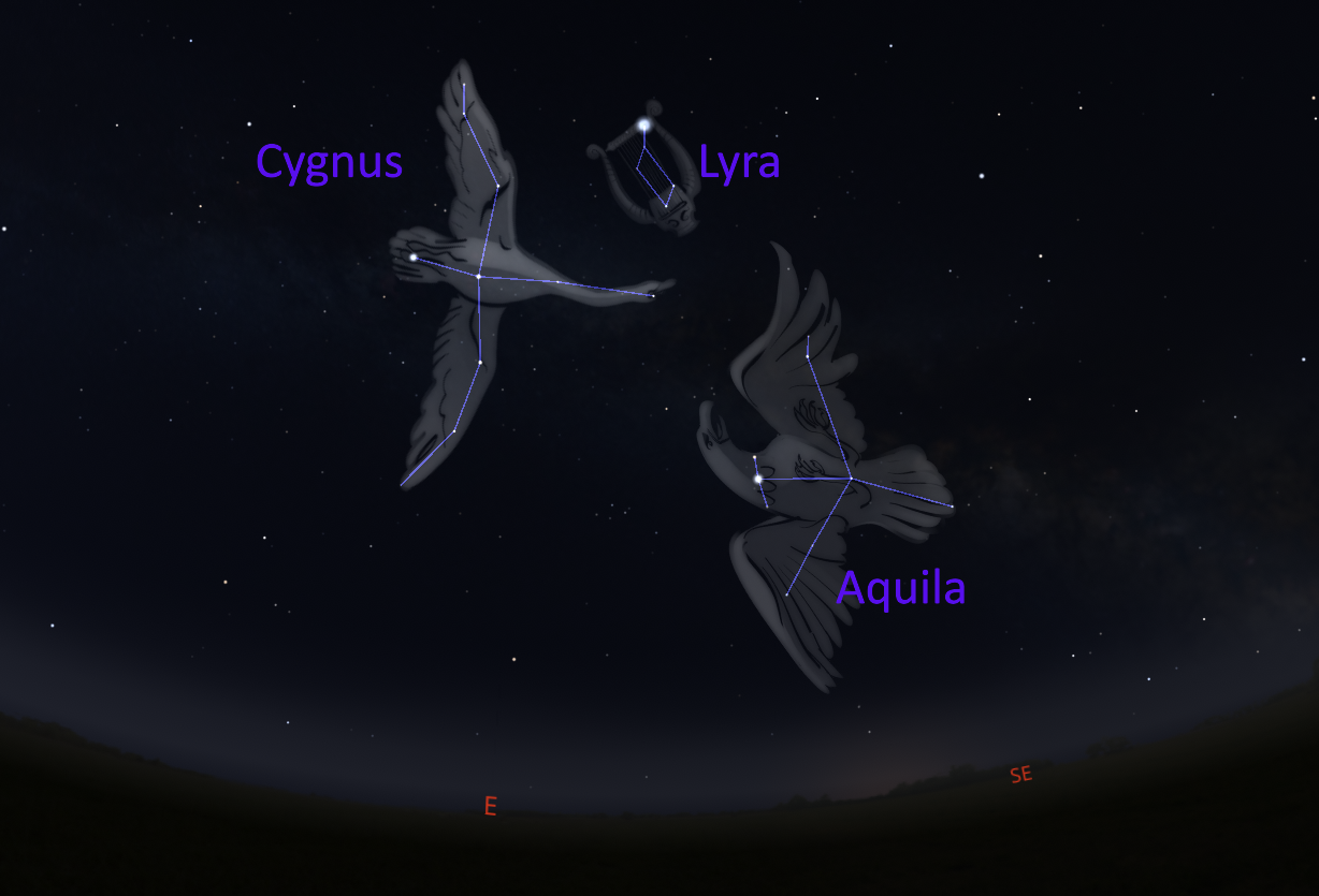 Stellarium screenshot showing the Cygnus, Lyra and Aquila