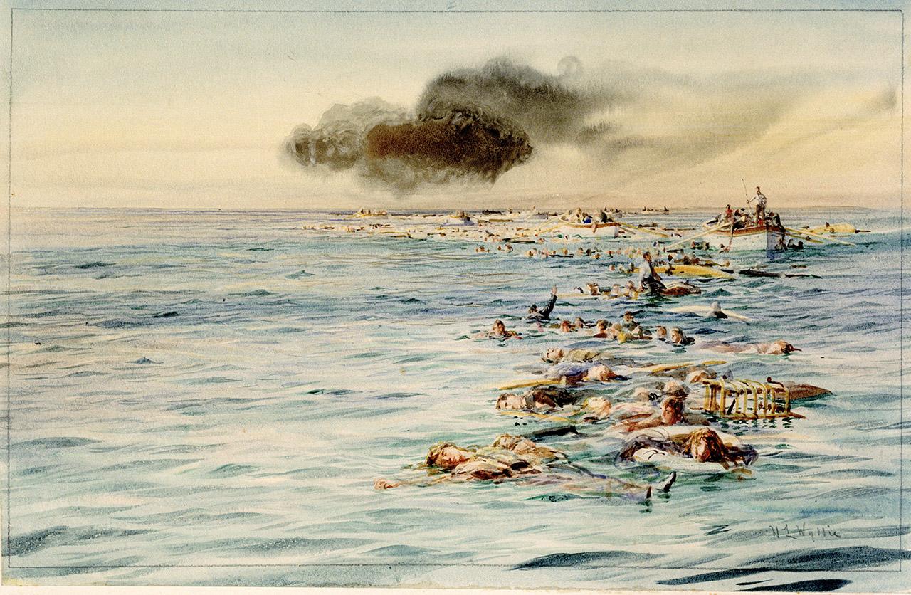 Painting showing calm sea with deceased people floating in it