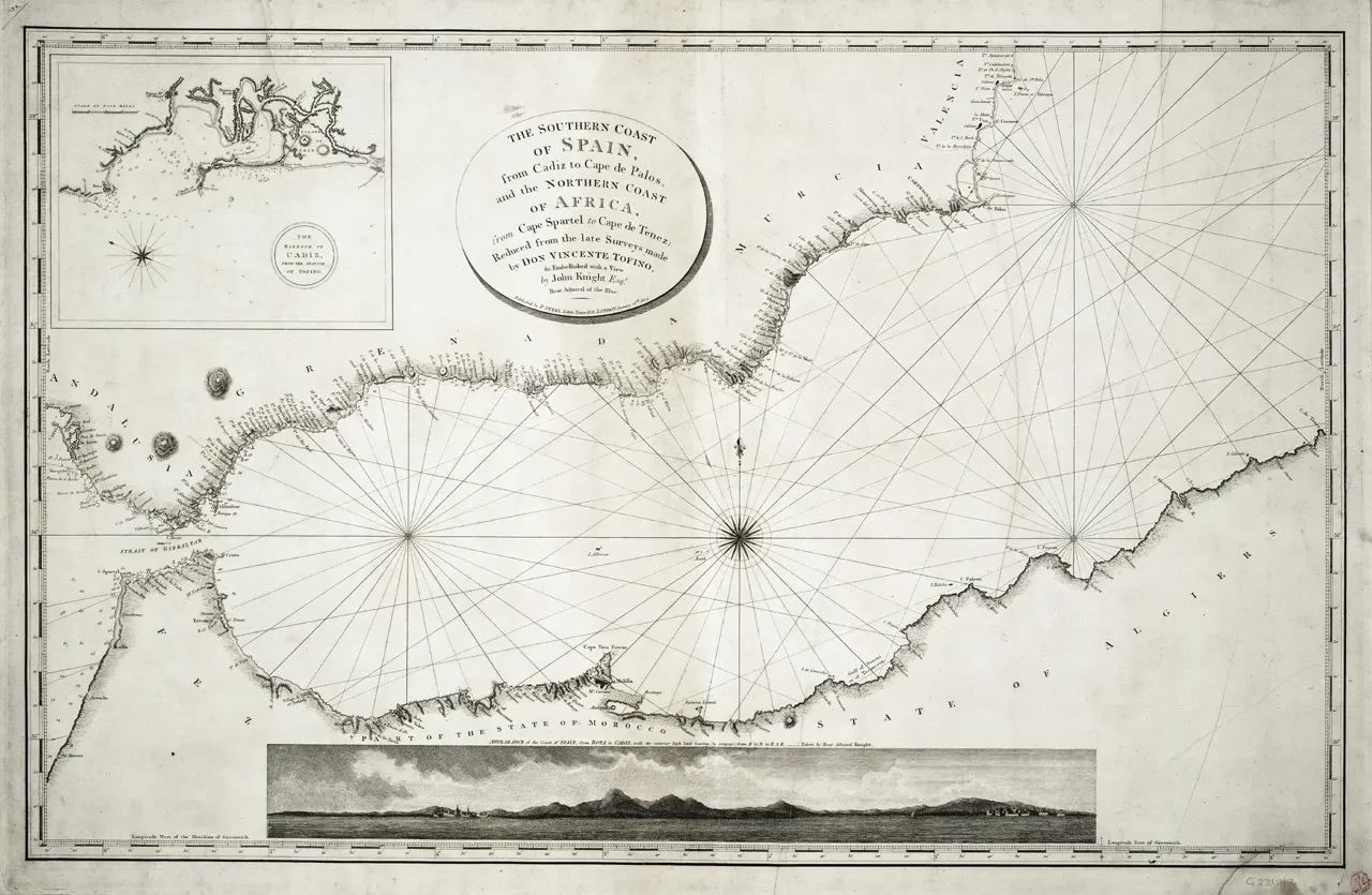 19th century map of the southern coast of Spain, from Cadiz to Cape de Palos, and the northern coast of Africa, from Cape Spartel to Cape de Tenez