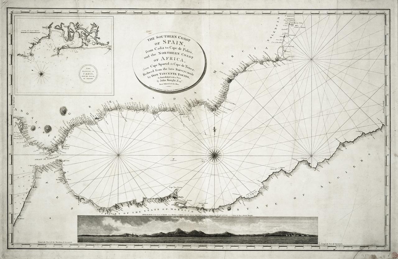 19th century map of the southern coast of Spain, from Cadiz to Cape de Palos, and the northern coast of Africa, from Cape Spartel to Cape de Tenez