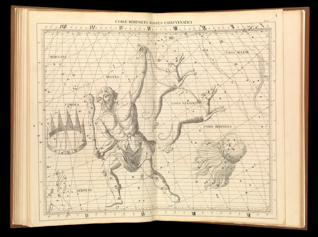 Image of page in historic star atlas showing constellation Coma Berenices