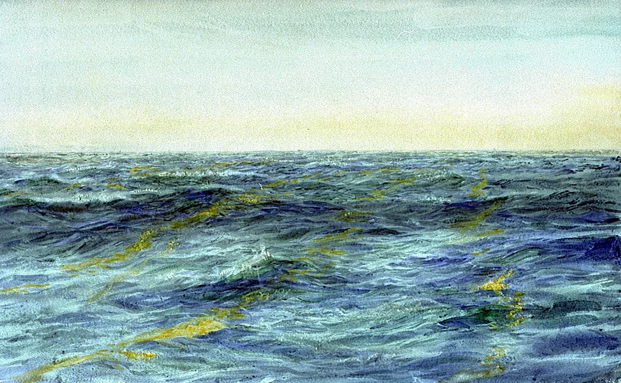 Watercolor painting of a calm ocean with blue waves, golden light, and green bits of Sargasso weed beneath a pale sky.