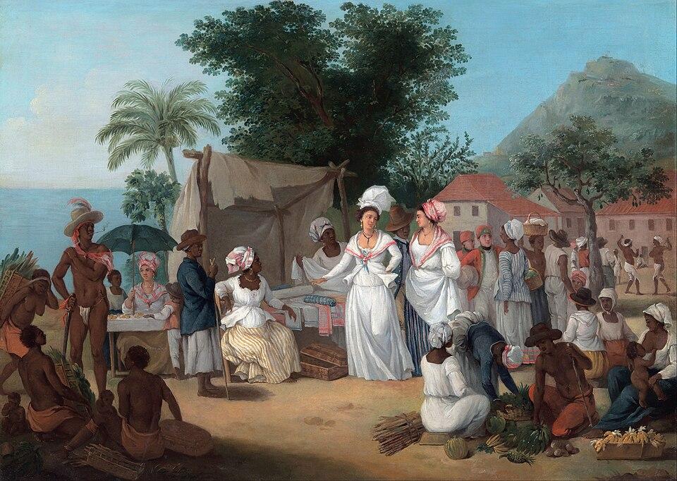 A painting of a market scene in the Caribbean in the 18th Century