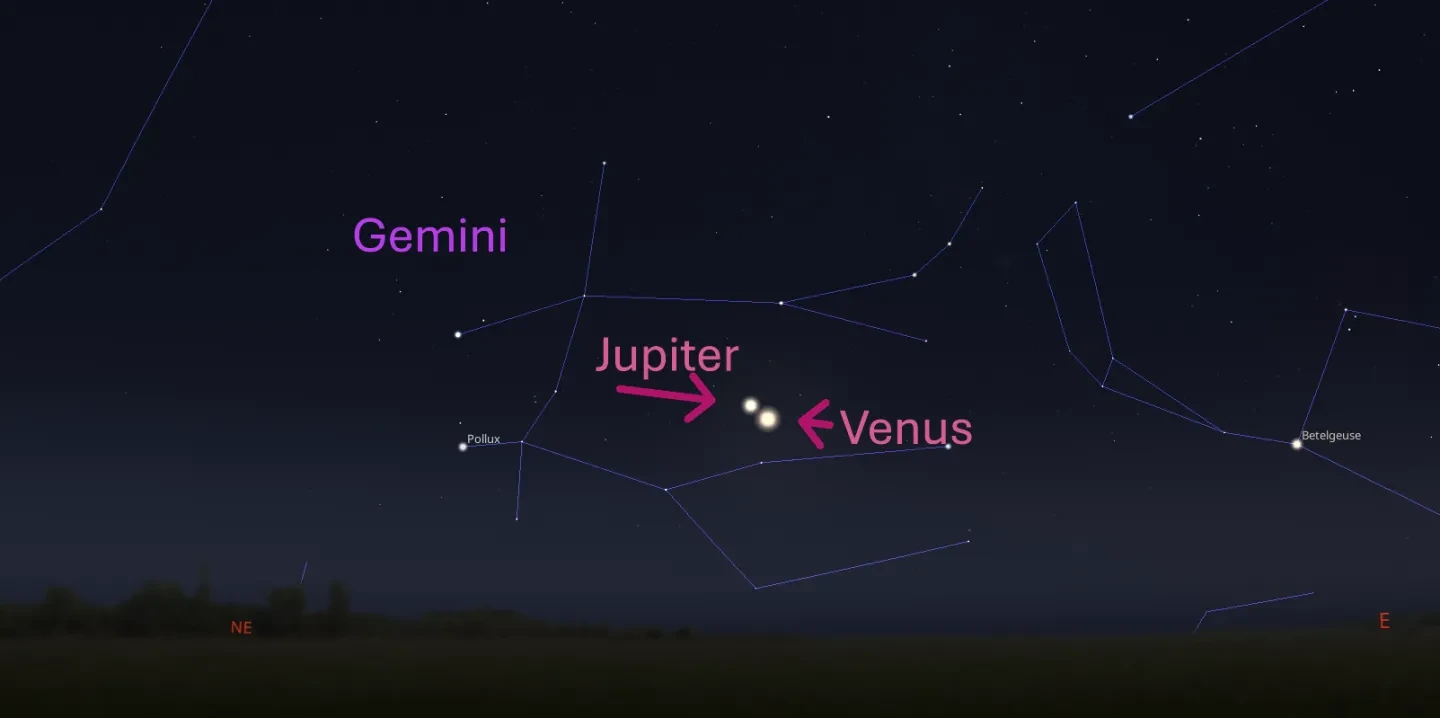 Stellarium screenshot showing Gemini and Jupiter and Venus