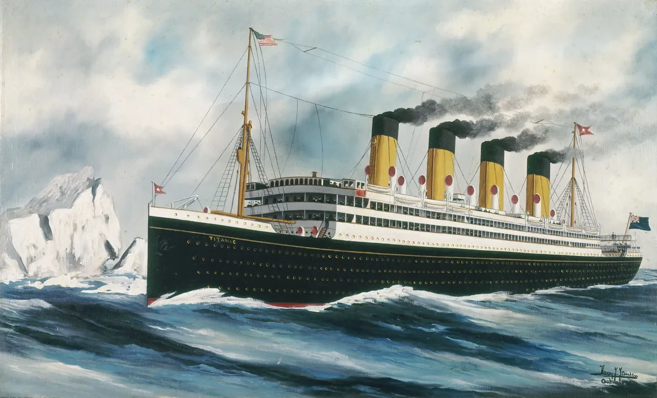 Painting of Titanic ship sailing at sea next to large iceberg