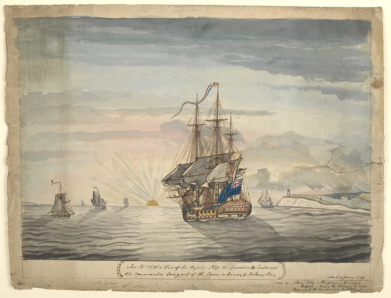 Drawing of the storeship 'Guardian' in the Channel, travelling to Botany Bay, summer 1789