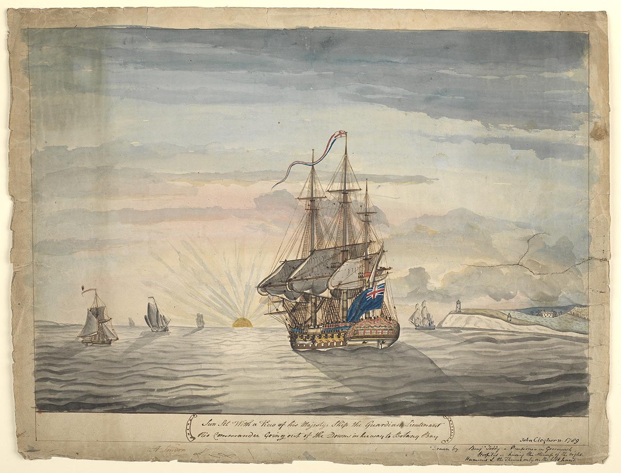 Drawing of the storeship 'Guardian' in the Channel, travelling to Botany Bay, summer 1789