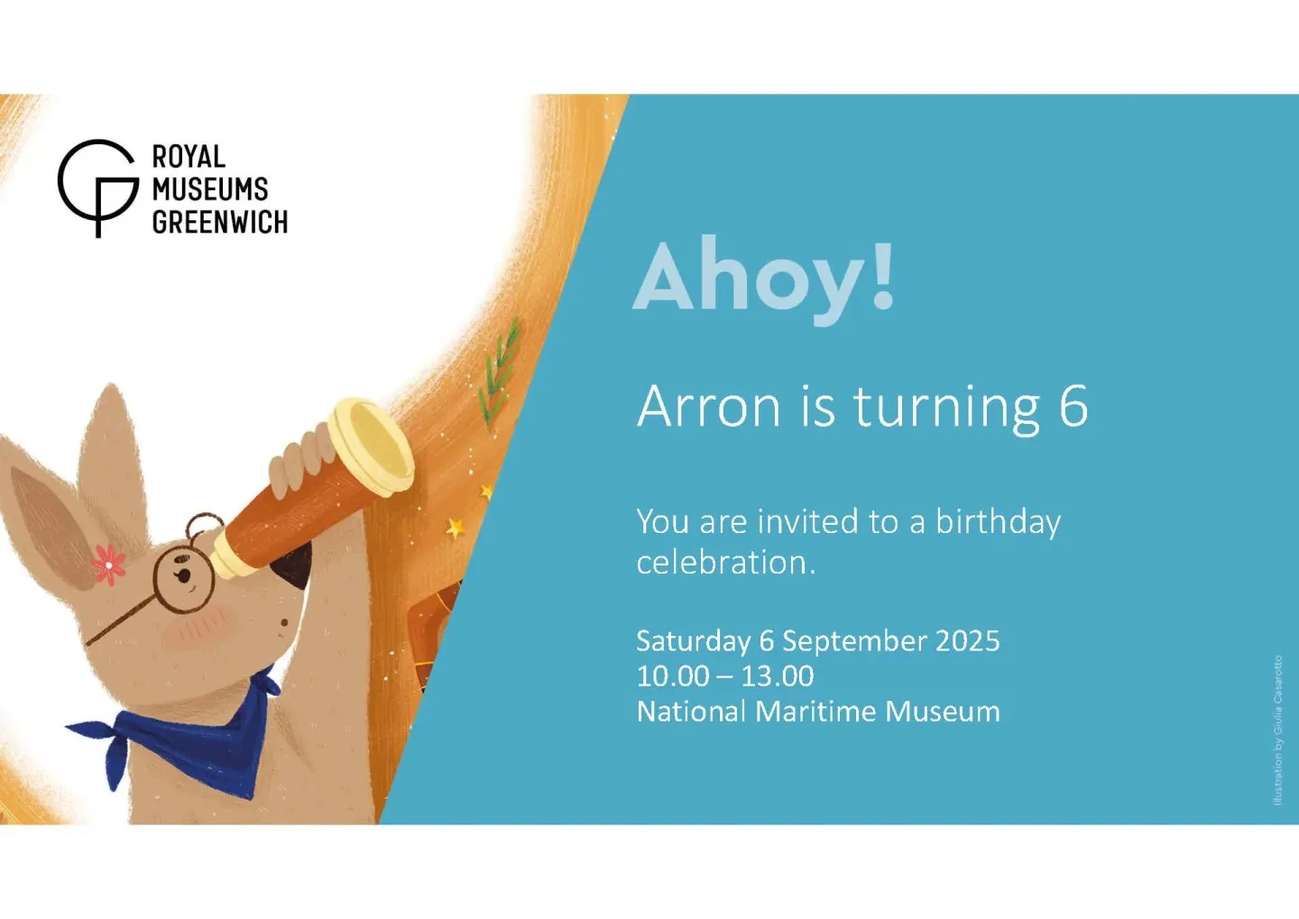 An example invitation with an illustration of a kangaroo looking through a telescope.