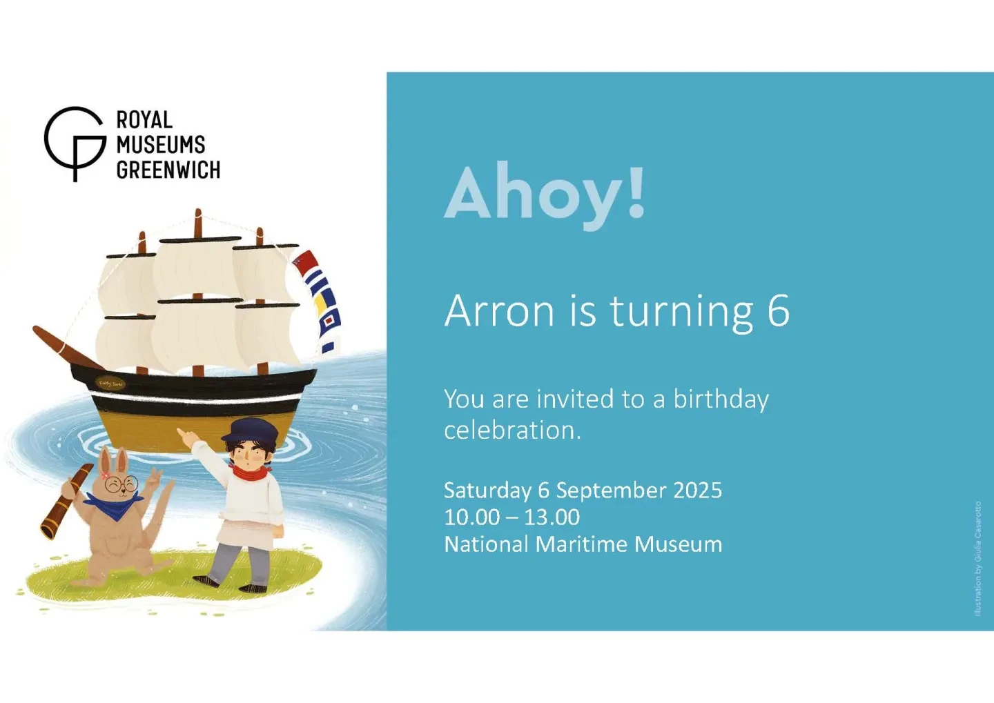 An example invitation with an illustration of a kangaroo, sailor and ship.