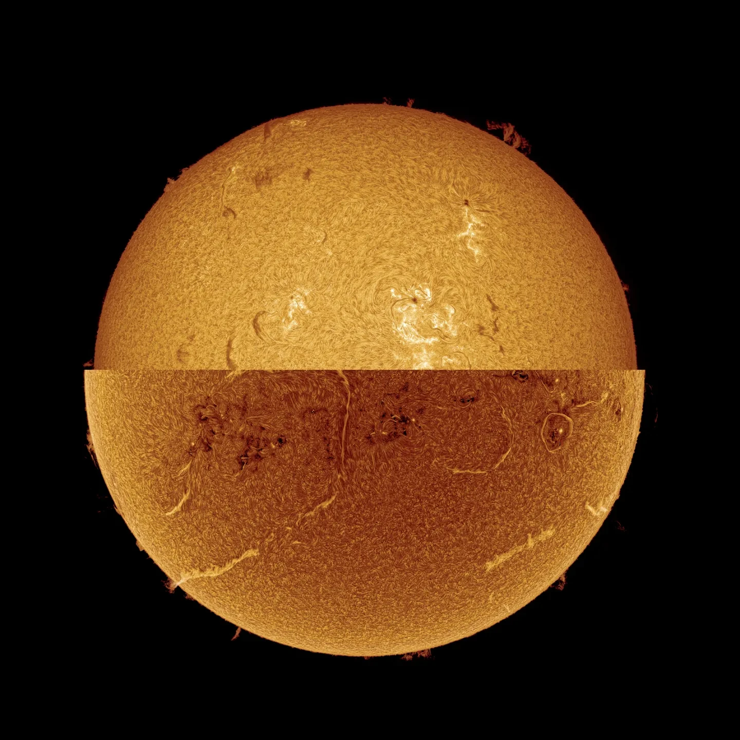 A composite of two half images of the Sun, the lower half is larger and darker.