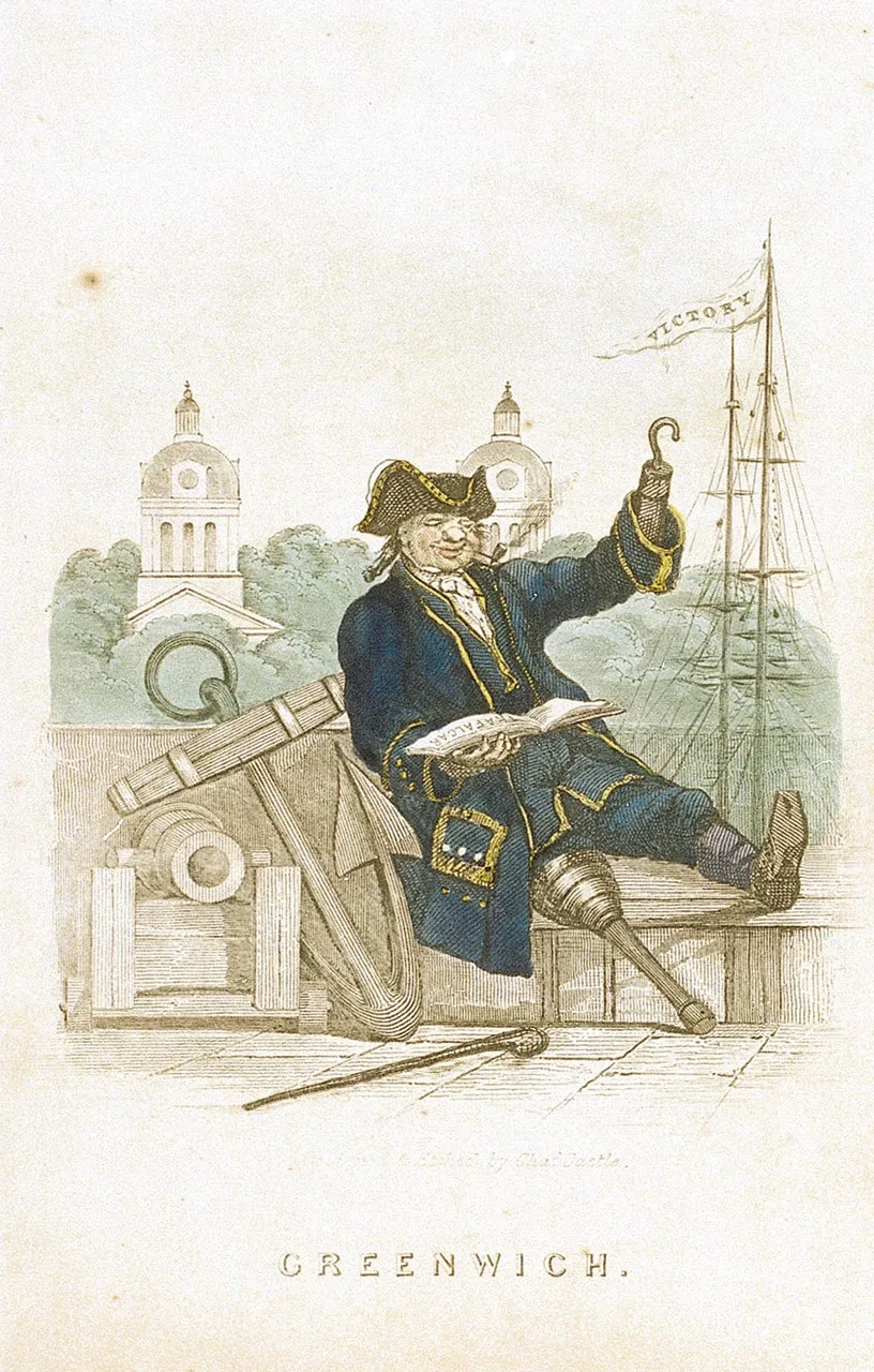 An early nineteenth-century print of a Greenwich Pensioner with a prosthetic leg and a hook in place of his left hand.