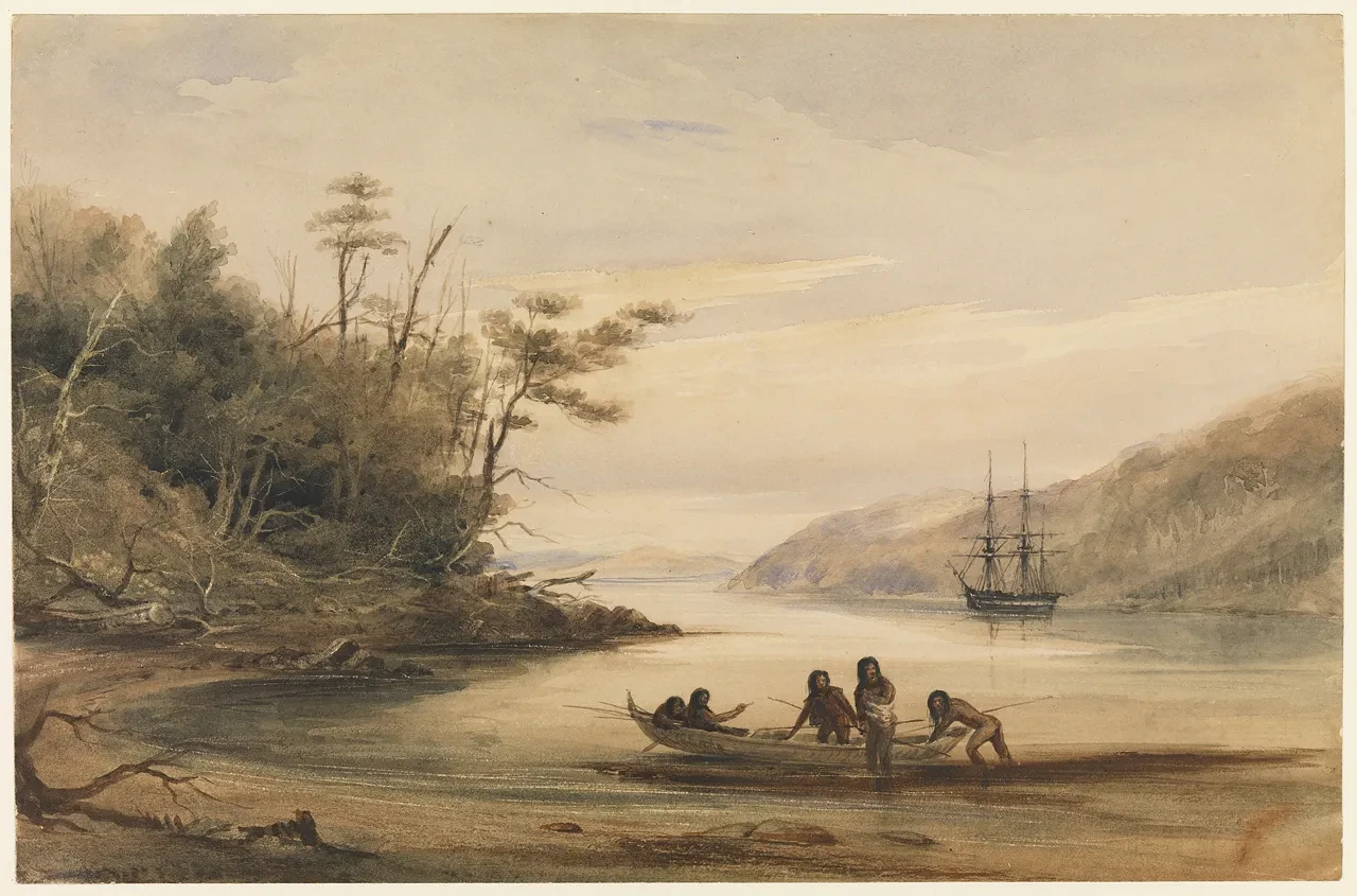 It depicts the 'Beagle' in the background anchored in the Beagle Channel of the Tierra del Fiego archipelago. In the foreground are five Fuegians in a canoe, in the shallows of the channel shoreline.