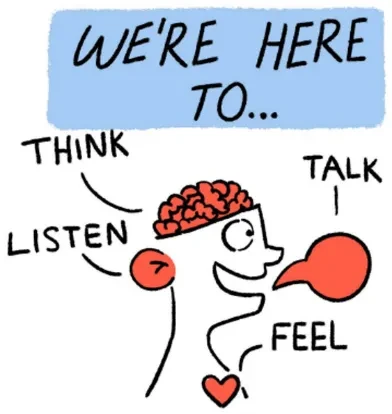 A cartoon person has a speak bubble sharing that everyone taking part in the Youth Collective is here to think, listen, talk, and to feel
