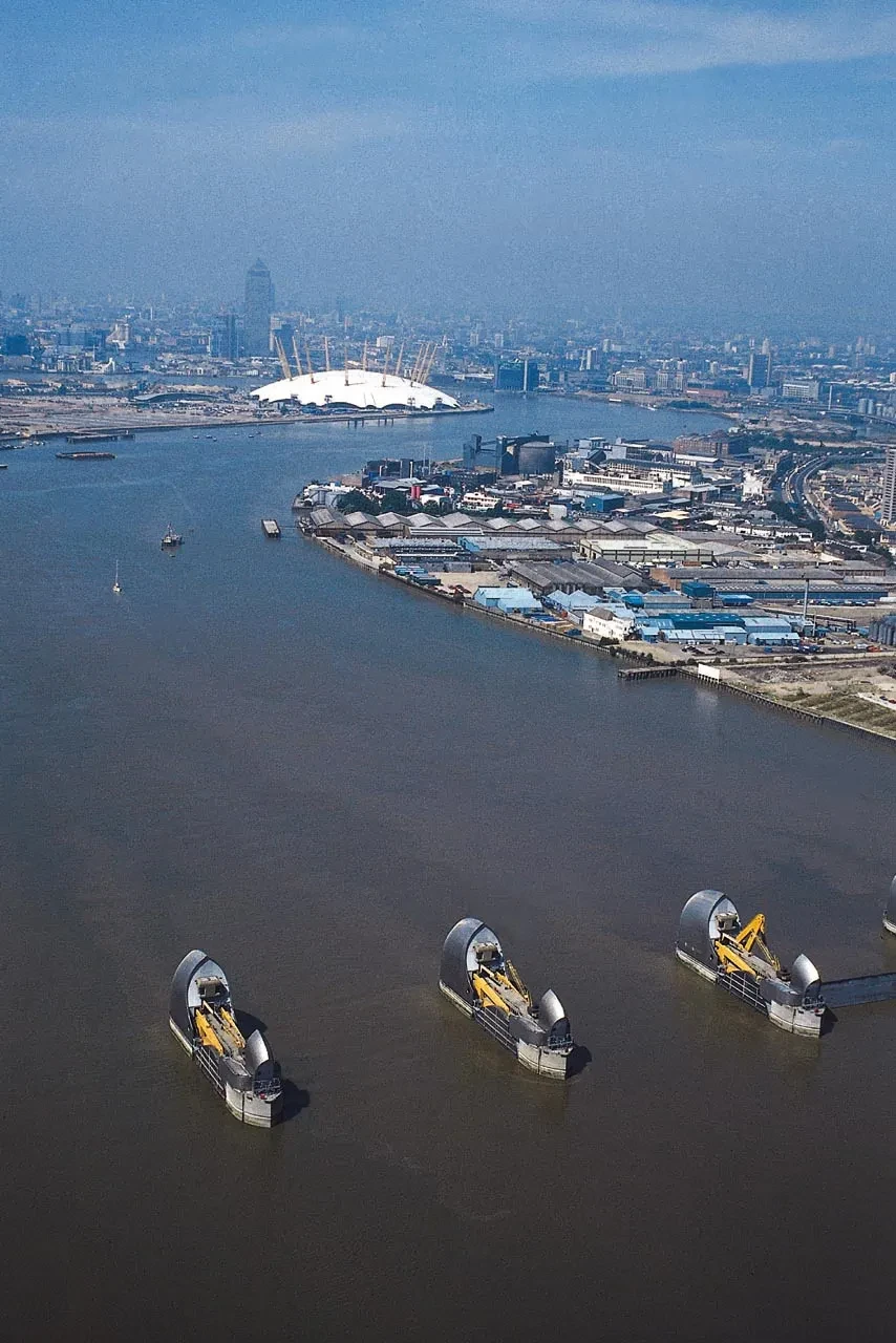 Aerial photograph of the Thames Barrier, looking towards central London and the Millennium Dome