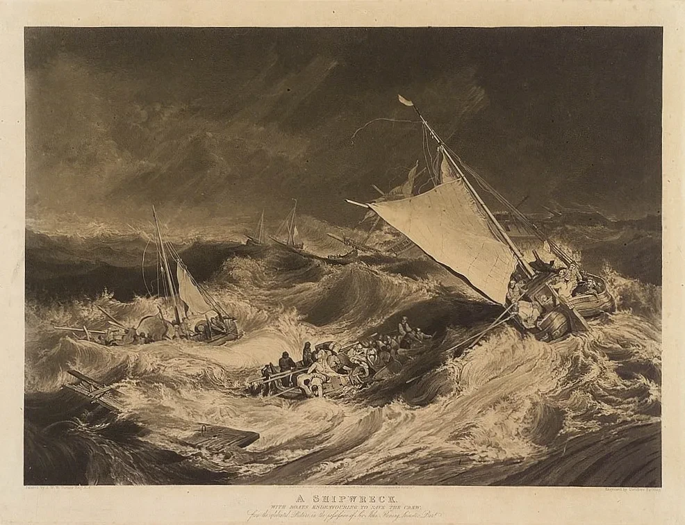 An aquatint, after J.M.W. Turner, entitled 'A Shipwreck with Boats Endeavouring to Save the Crew', published in 1825