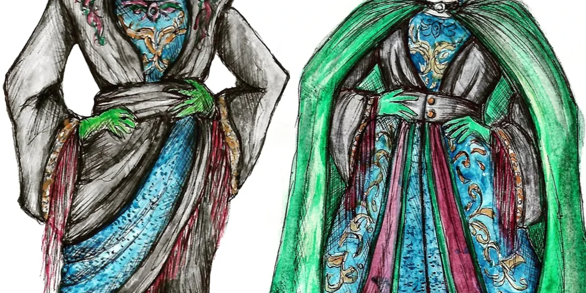 Two illustrated costumes standing beside each other. The first shows a gray and blue long cloak with flared sleeves and a tie around the waist. The second shows a blue and red patterned dress and an emerald green cloak on top.