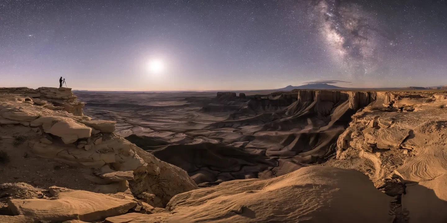 A galaxy is visible in a starry sky above a distant photographer in a dramatic canyon landscape.