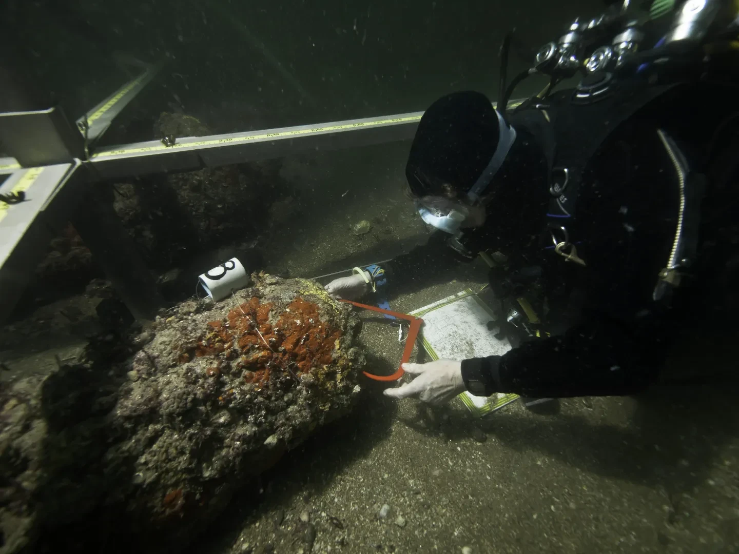 A maritime archaeologist in a diving suit inspects an object at the bottom of the seabed