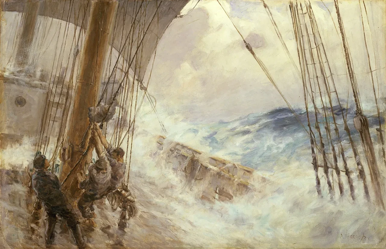 A painting of a group of sailors pulling on the mainsail in very stormy waters