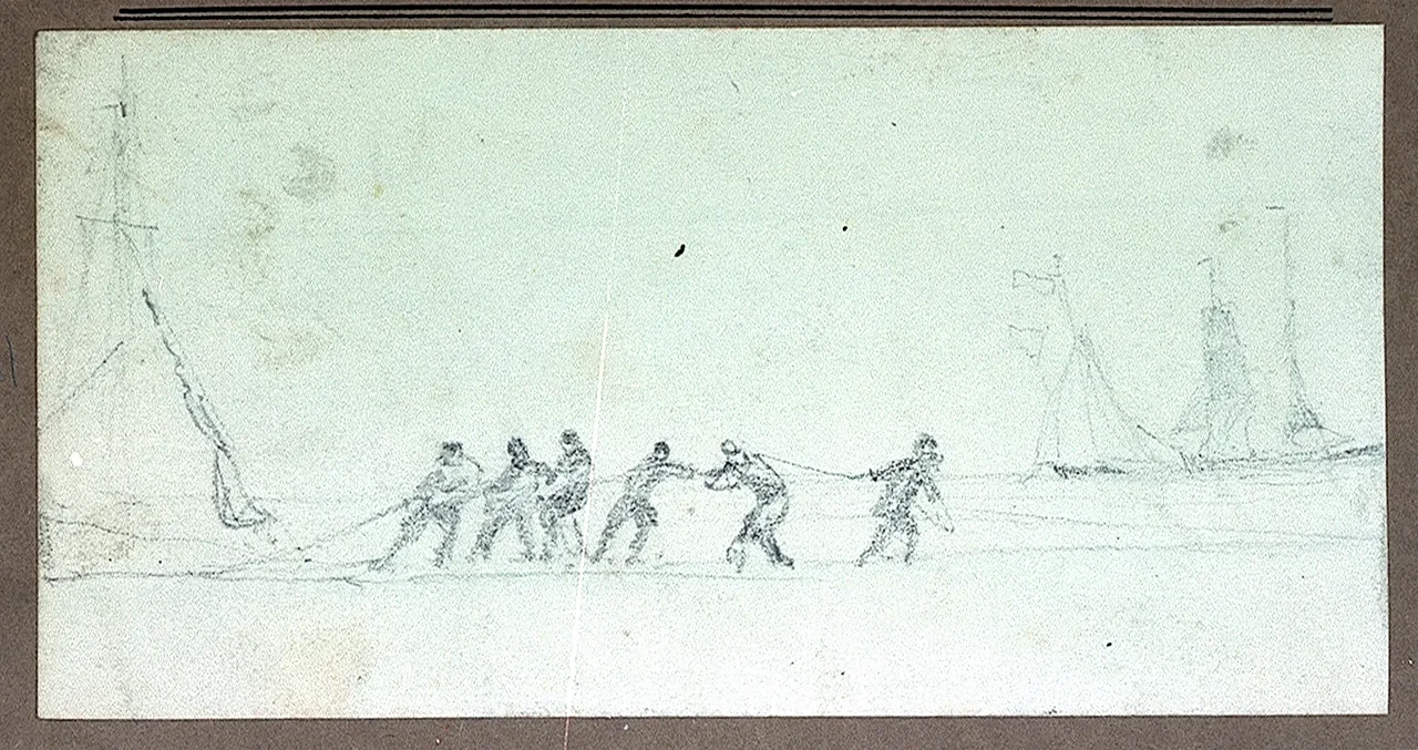 Men hauling on a rope by Edwin Hayes.