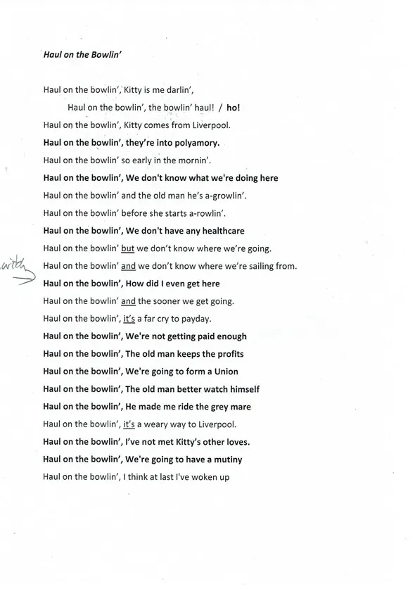 Lyrics for Haul on the Bowline with amends by the choir