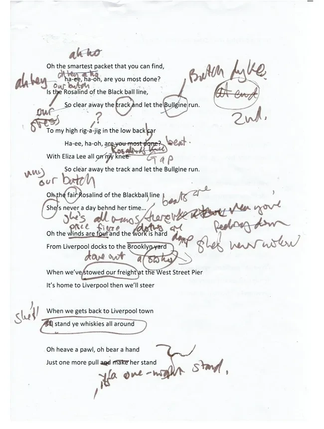 A sheet of song lyrics scrawled with additions and edits by the author