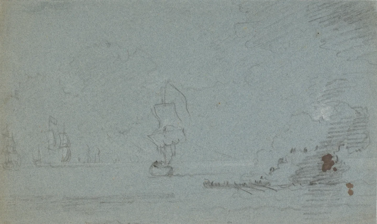 A drawing showing a vessel near the coast with people landing
